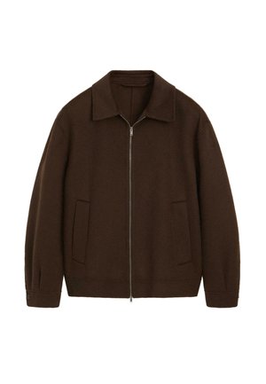Braune Wolljacke mit Reißverschluss, Hemdkragen, zwei Fronttaschen und geknöpften Manschetten. Sie hat eine glatte Textur und einen lockeren Sitz.