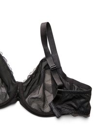 Schwarzer Spitzen-BH aus durchsichtiger Stoff mit Unterdraht, verstellbaren Trägern, gewellten Kanten und einem strukturierten Design. Vorderansicht, die die Cups und Details zeigt.