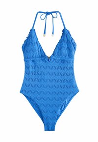 Eénstuk zwemkostuum in felblauw, met een gestructureerd golfpatroon, diepe V-hals, ruches op de schouderbanden en een verstelbare striksluiting.