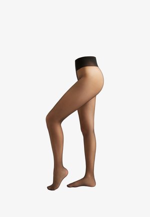 Durchsichtige schwarze Strumpfhosen mit glatter Textur, hohem Bund und leicht glänzendem Finish, das die Konturen des Beins betont.