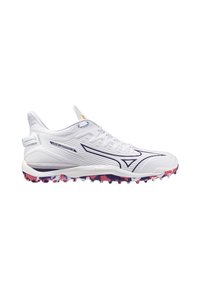Scarpa sportiva bianca con tomaia testurizzata, logo iconico in viola e suola multicolore con motivo per una migliore aderenza.