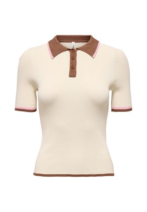 Kremasta polo majica s kratkimi rokavi iz rebraste pletenine z rjavim ovratnikom in podloženim delom, roza obrobo na robovih ovratnika in rokavov ter tremi rjavimi gumbi.