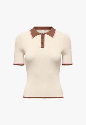Polo a maniche corte in maglia a coste color crema con colletto e patta marroni, rifinitura rosa sul colletto e sui bordi delle maniche, e tre bottoni marroni.