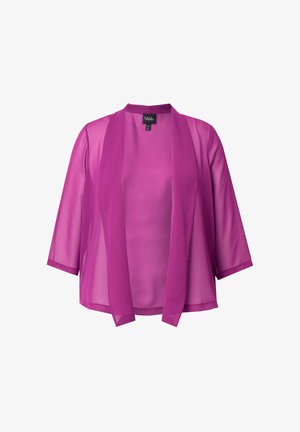 Gennemsigtig lilla kimono med ærmer til albuen og åben front. Lavet af let, flydende stof, med et enkelt design uden pynt.