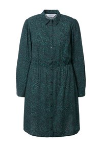 Paita mekko tummanvihreästä kankaasta, jossa on leopardikuosi, napit edessä, kaulus ja joustava vyötärö, joka luo vartalonmyötäisen siluetin.