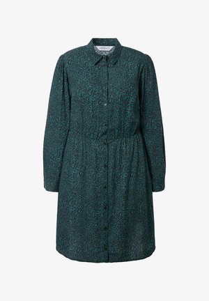 Hemdblusenkleid aus dunkelgrünem Stoff mit einem Leopardenmuster, Knopfleiste, Kragen und elastischem Bund für eine figurbetonte Silhouette.