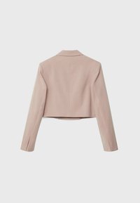 Cropped blazer in light pink fabric with a smooth texture, featuring a notched collar and long sleeves. Simple, tailored design.