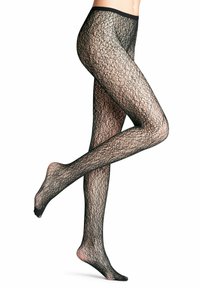 Collant neri a fantasia con un design simile a pizzo, che presentano una texture morbida e una finitura trasparente che mette in risalto le gambe.