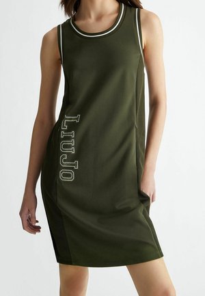 Grünes ärmelloses Kleid aus glattem Stoff mit Netzeinsätzen an den Seiten, mit dem Aufdruck "LIUJO" in hellen Farben auf der linken Seite.