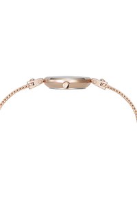 Orologio in oro rosa con cassa rotonda e vetro, design minimalista e cinturino stile bracciale a maglie.