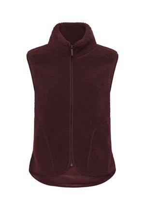 Gilet en polaire bordeaux foncé, doté d'une fermeture éclair frontale, d'un col montant et d'un ourlet courbé. Tissu texturé sans manches pour une liberté de mouvement optimale.