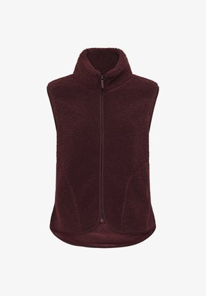Gilet en polaire bordeaux foncé, doté d'une fermeture éclair frontale, d'un col montant et d'un ourlet courbé. Tissu texturé sans manches pour une liberté de mouvement optimale.