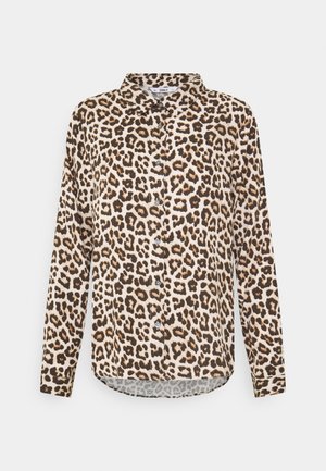 Lange mouwen overhemd met knopen, met bruin-zwart luipaardprint patroon op beige achtergrond en puntkraag.