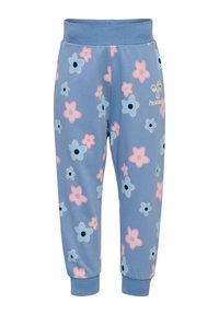 Lichtblauwe joggers met een patroon van bloemen in verschillende kleuren, waaronder roze, lichtblauw en zwart. Elastische tailleband en boorden.
