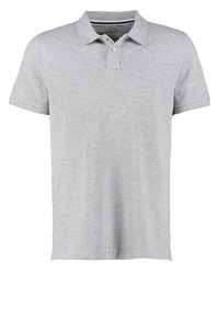 Polo gris en mélange de coton, avec un col classique, une patte de boutonnage à deux boutons et des manches courtes. Texture lisse avec des coutures discrètes.