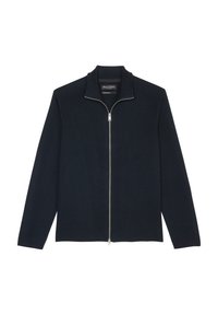 Giacca blu marina con zip, colletto alto, texture a coste e dettagli in zip argentata. Design semplice con maniche lunghe e taglio dritto.