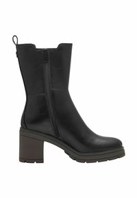Bottine noire en cuir à talon avec une fermeture éclair sur le côté, talon bloc solide, bout arrondi et semelle en caoutchouc texturée.