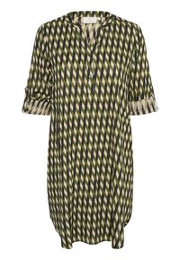 Tunic verde e crema con motivi diagonali, maniche tre quarti, scollatura a V e dettagli con bottoni sul davanti. Tessuto morbido.