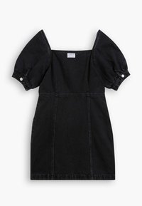 Mustaparkki mini-mekko, jossa on neliönmuotoinen kaula-aukko, puffihihat ja napit hihansuissa. Sisältää hienovaraisia ompeluyksityiskohtia ympäriinsä.