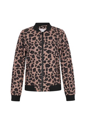 Kurtka bomber w miękkim, lekkim materiale z różowym tłem i czarnym wzorem w panterkę. Posiada czarny ściągacz na kołnierzu i mankietach. Zamek błyskawiczny z przodu.