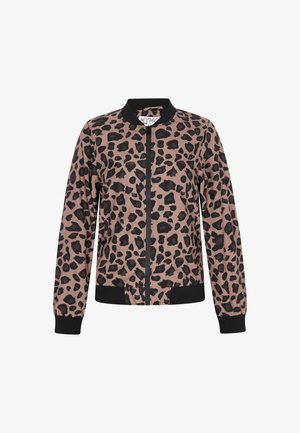 Bomber bunda z měkké, lehké tkaniny s růžovým základem a černým leopardím potiskem. Má černý žebrovaný límec a manžety. Zapínání na přední straně na zip.