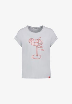 Hellgraues Kurzarmhemd mit einer roten Linienzeichnung eines Cocktailglases, Fruchtscheiben und dem Text "CHIN CHIN" auf der Vorderseite.