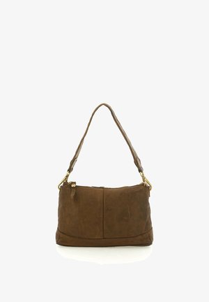 Borsa a tracolla in pelle marrone con cerniera dorata e tracolla regolabile su sfondo bianco.