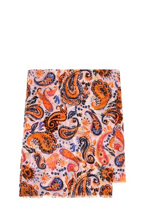 Foulard colorato con motivo paisley che presenta tonalità di arancione, viola e nero su uno sfondo bianco, con bordi sfrangiati e tessuto leggero.