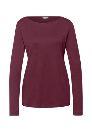 Bordeauxrotes Langarmshirt aus weicher Baumwolle mit weitem Ausschnitt, schmaler Passform und gesäumten Bündchen. Keine sichtbaren Muster oder Verzierungen.