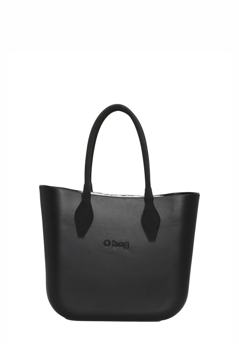 Zwarte leren tote bag met een gebogen vorm, dubbele handvatten en een geperst logo. Beschikt over een gestructureerde afwerking en een levendige, gedessineerde binnenkant.