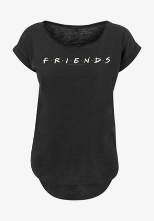 T-shirt nera con una vestibilità rilassata e maniche corte arrotolate. Presenta la scritta "F.R.I.E.N.D.S" in lettere bianche con puntini colorati tra ciascuna lettera.