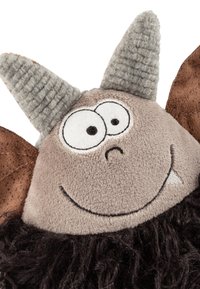 Plush toy with a brown, fluffy body, gray fabric horns, large expressive eyes, and brown felt ears. Features stitched facial details.