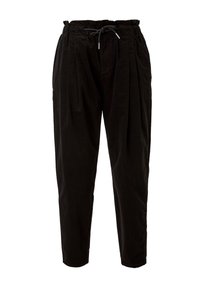 Svarta högmidjade tapered byxor med elastisk midja och snörning, med veck nedanför midjan och sidofickor.