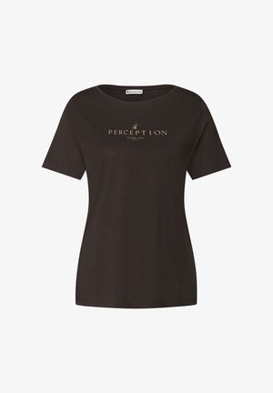 Černé tričko s krátkým rukávem vyrobené z bavlny, s kulatým výstřihem a potištěným textem "PERCEPTION MODERN VIBES DAILY" ve zlaté barvě.