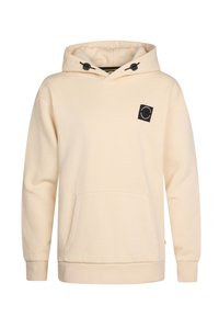 Felpa con cappuccio beige realizzata in tessuto morbido, con tasca frontale, patch logo nero sul petto e dettagli con cordino sul cappuccio.