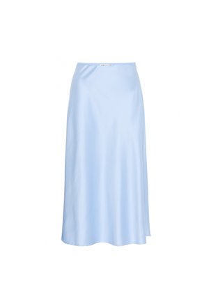Svijetloplava saten midi suknja s lepršavim dizajnom. Ima glatku teksturu i minimalističku elasticu u struku. Nema vidljivih uzoraka ili detalja.