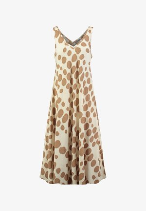 Abito beige senza maniche con grandi pois marroni irregolari e scollo a V, silhouette fluente a linea ad A.
