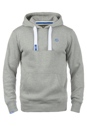 Gray hoodie made of cotton blend, featuring a front pocket, white drawstrings, and a blue logo on the left chest. Smooth texture.
