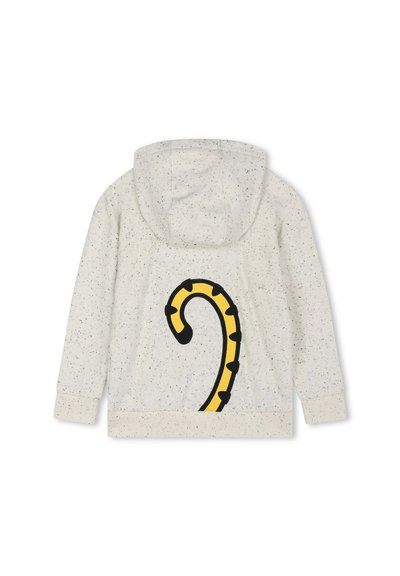 Hoodie gris clair avec une texture mouchetée, présentant un design de canne en sucre jaune et noir au dos. Fabriqué en tissu doux.
