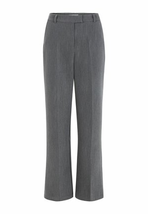 Szare spodnie typu wide-leg wykonane z teksturowanej tkaniny, z płaskim przodem, widocznymi pętelkami na pasek i czystym, nieozdobionym zakończeniem.