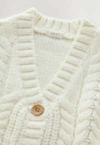 Cardigan chunky lavorato a maglia color crema con scollo a V, caratterizzato da una chiusura con bottoni in legno e motivi a treccia testurizzati. Etichetta visibile al colletto.