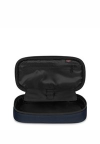 Navy blue zippered storage case with a black interior, featuring a mesh pocket and a strap. Compact design for organizing items.