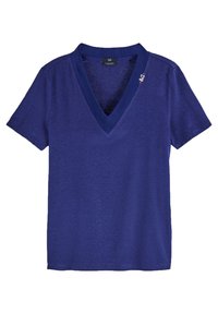 V-hals kortærmet t-shirt i dyb blå, lavet af blødt stof med en struktureret overflade; har diskret logo-detail på kraven.