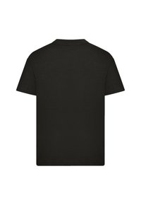Black cotton t-shirt with a crew neck, short sleeves, and a straight hem. The back is plain with no additional graphics or patterns.