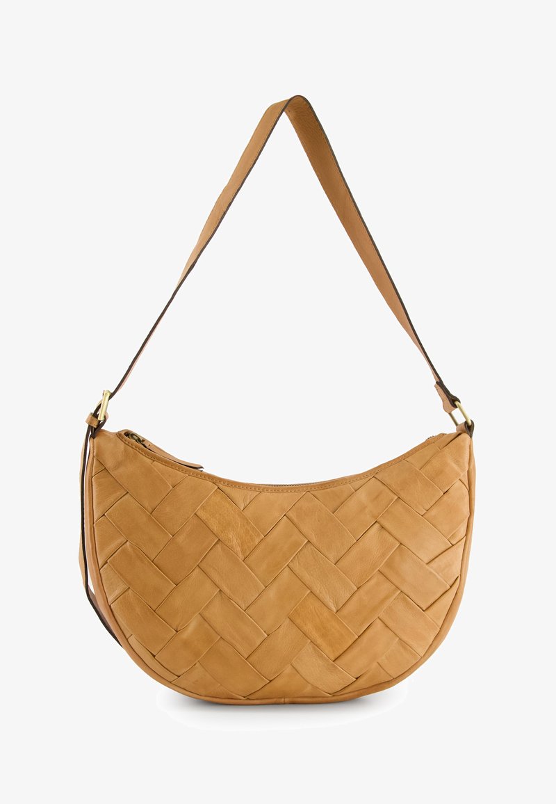 Tan woven leather shoulder bag with a curved shape, featuring a zip closure and a medium-width strap. Smooth texture with a braided pattern.