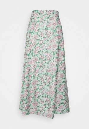 Lange A-lijn rok met roze en witte bloemenprint op een groene achtergrond, met een hoge taille en gladde stof.