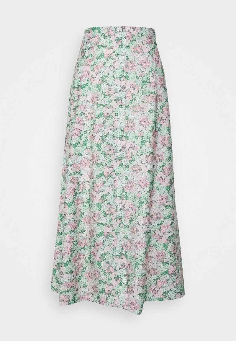 Jupe longue évasée avec imprimé floral rose et blanc sur fond vert, dotée d'une taille haute et d'un tissu lisse.