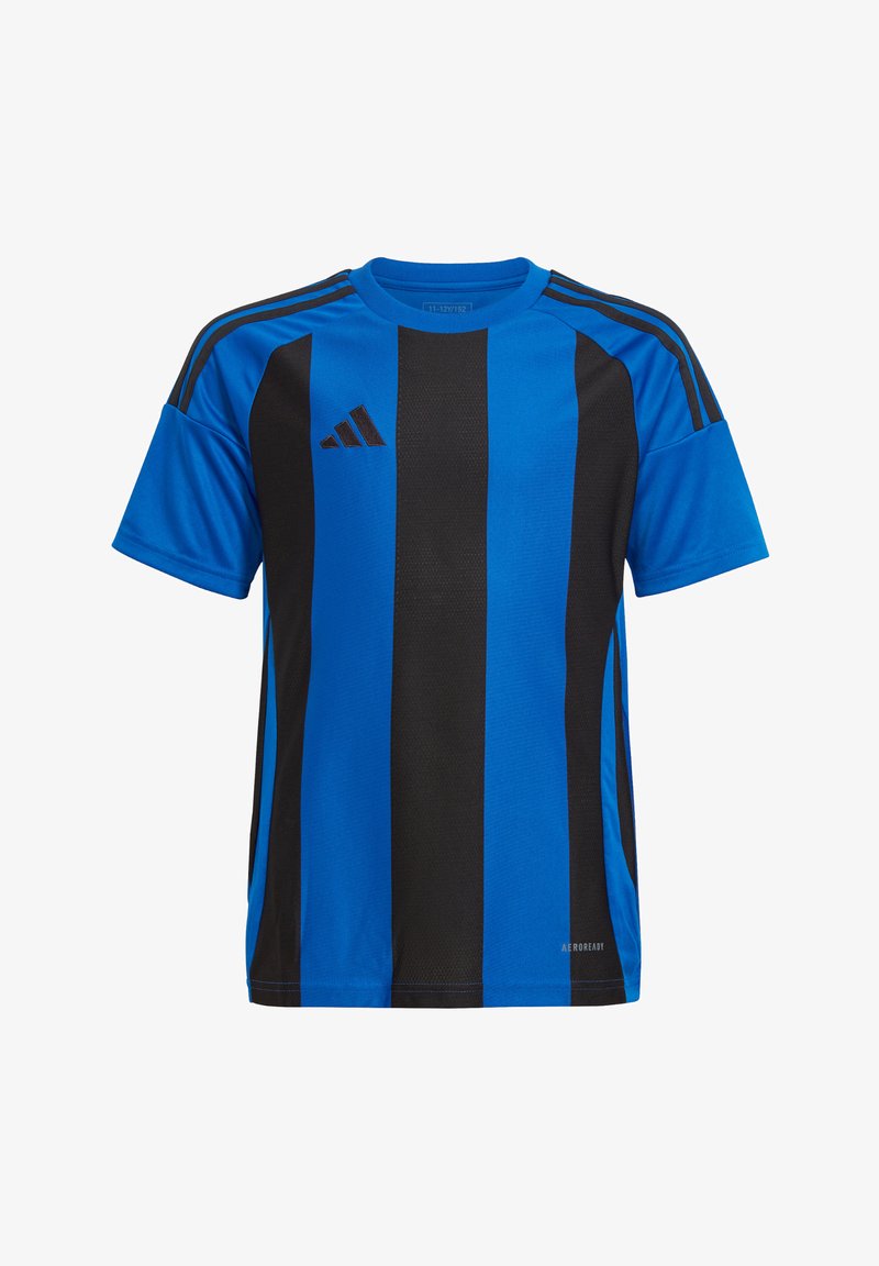 Jersey atlético azul con rayas negras verticales, mangas cortas, cuello redondo y logotipos de Adidas en el pecho y los hombros.