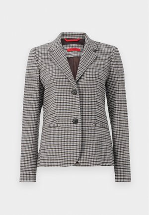 Hnědý a šedý kostkovaný blazer vyrobený z texturované tkaniny, s klopovým límcem, zapínáním na dva knoflíky a dvěma předními kapsami.