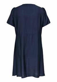 Tengerészkék rövid ujjú ruha, kerek nyakkivágással és laza szabással, hátulról ábrázolva.